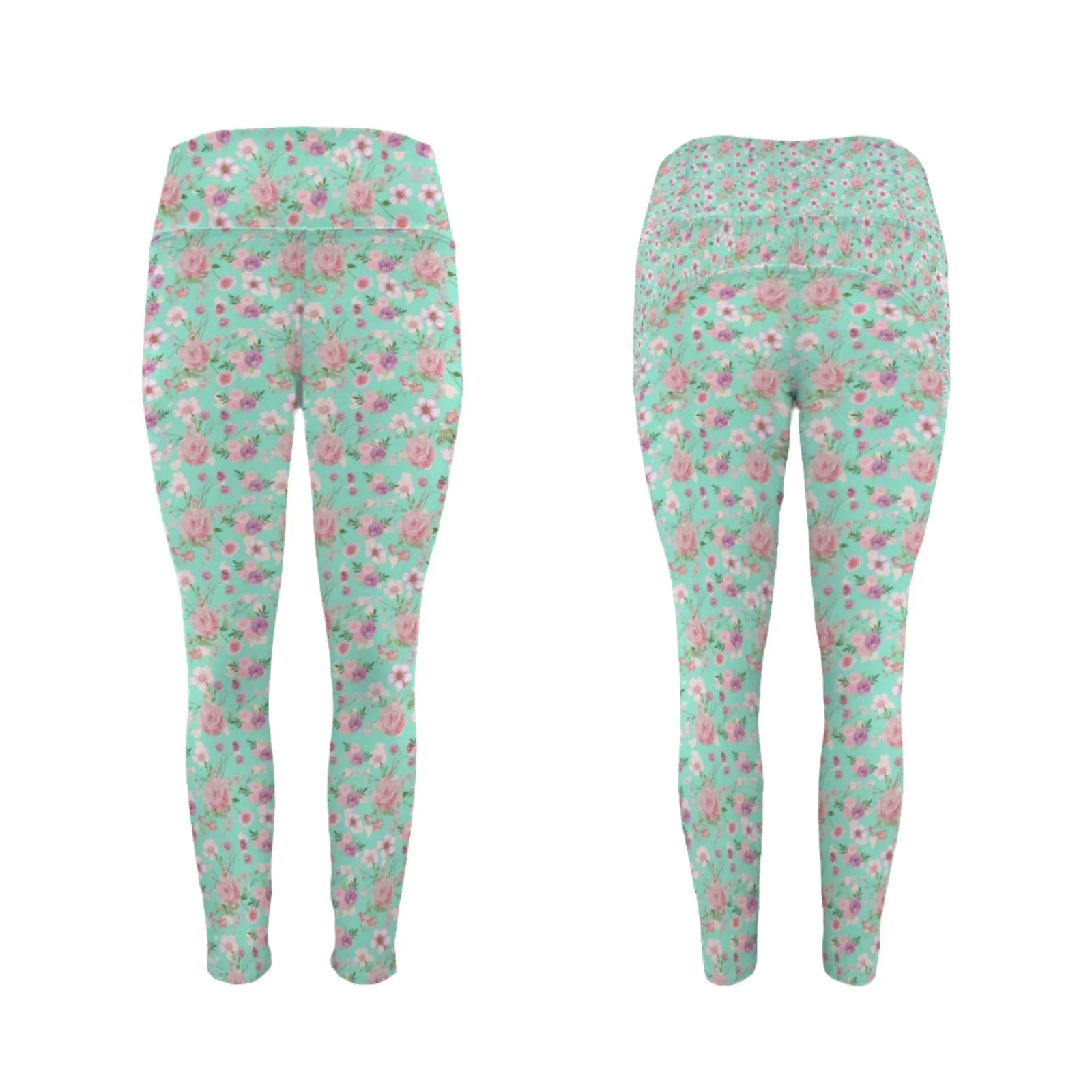 Aqua Floral Leggings with Pockets up to 5 XL (FWS)