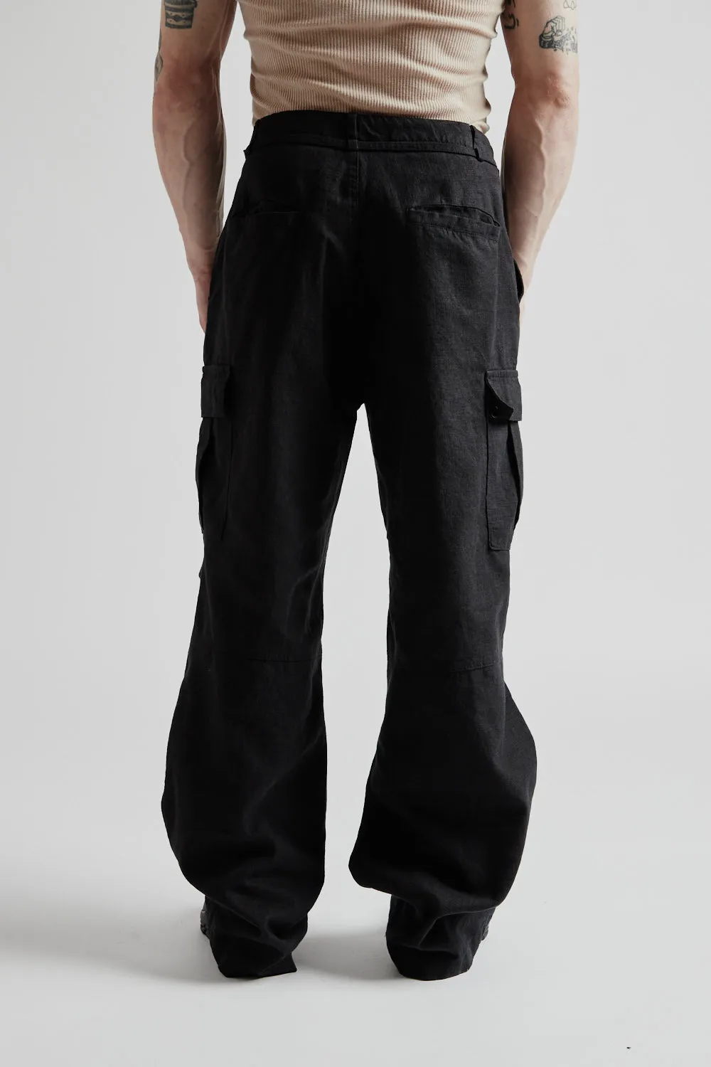 Linen Cargo Parachute Pants - Black