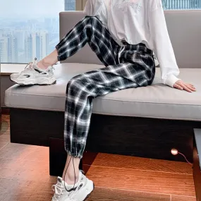 Wjczt Lady Loose High Waist Drawstring Black-And-White Plaid Pants Women'S Autumn Wide Straight Tube Legged Radish Casual Lrousers