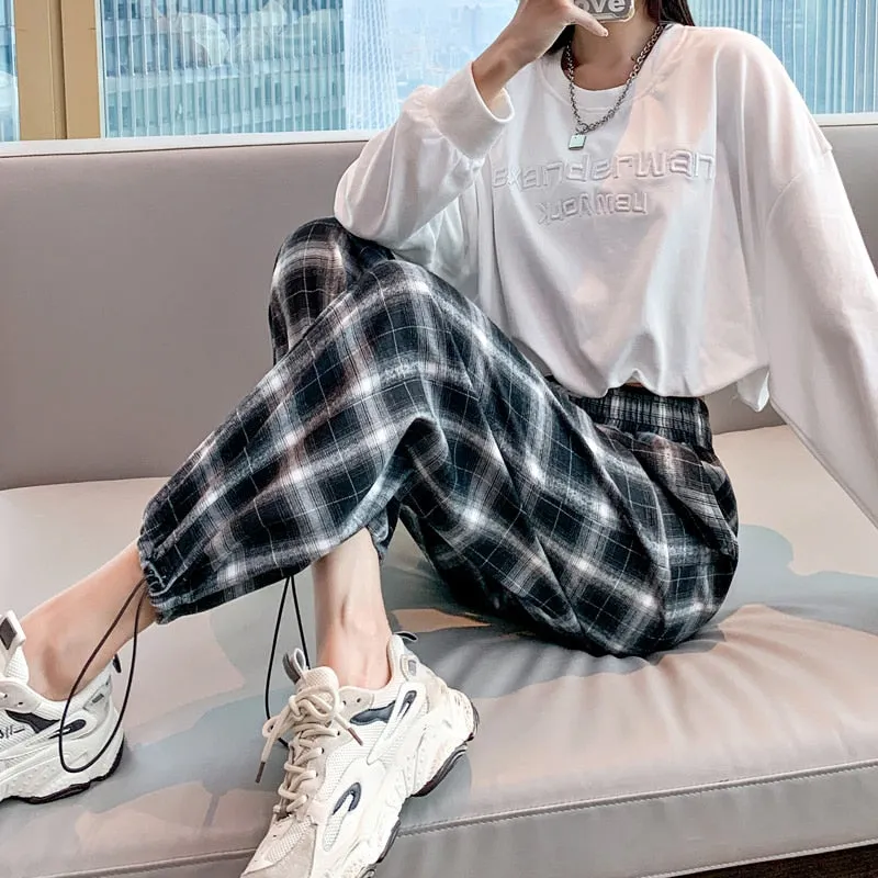 Wjczt Lady Loose High Waist Drawstring Black-And-White Plaid Pants Women'S Autumn Wide Straight Tube Legged Radish Casual Lrousers