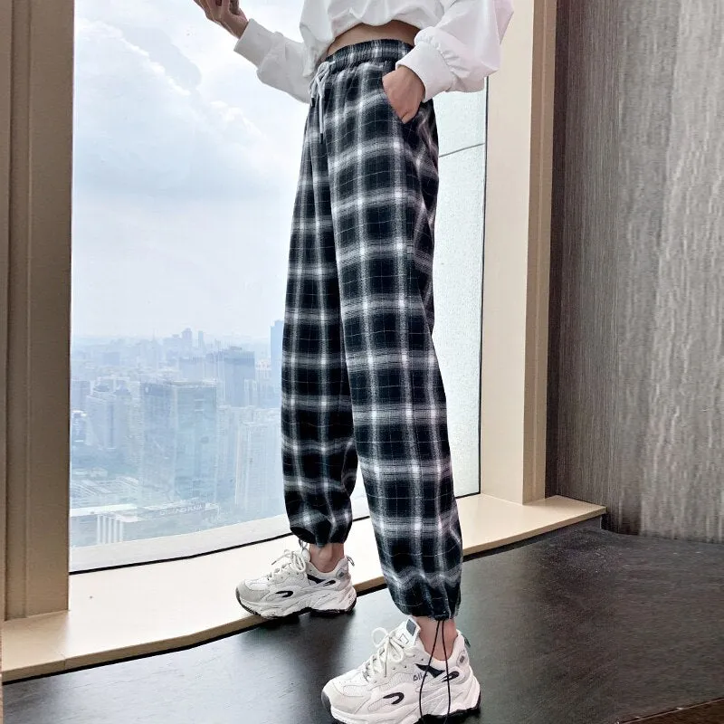 Wjczt Lady Loose High Waist Drawstring Black-And-White Plaid Pants Women'S Autumn Wide Straight Tube Legged Radish Casual Lrousers