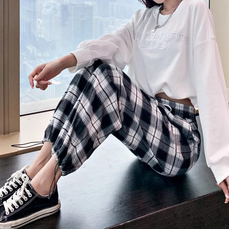Wjczt Lady Loose High Waist Drawstring Black-And-White Plaid Pants Women'S Autumn Wide Straight Tube Legged Radish Casual Lrousers