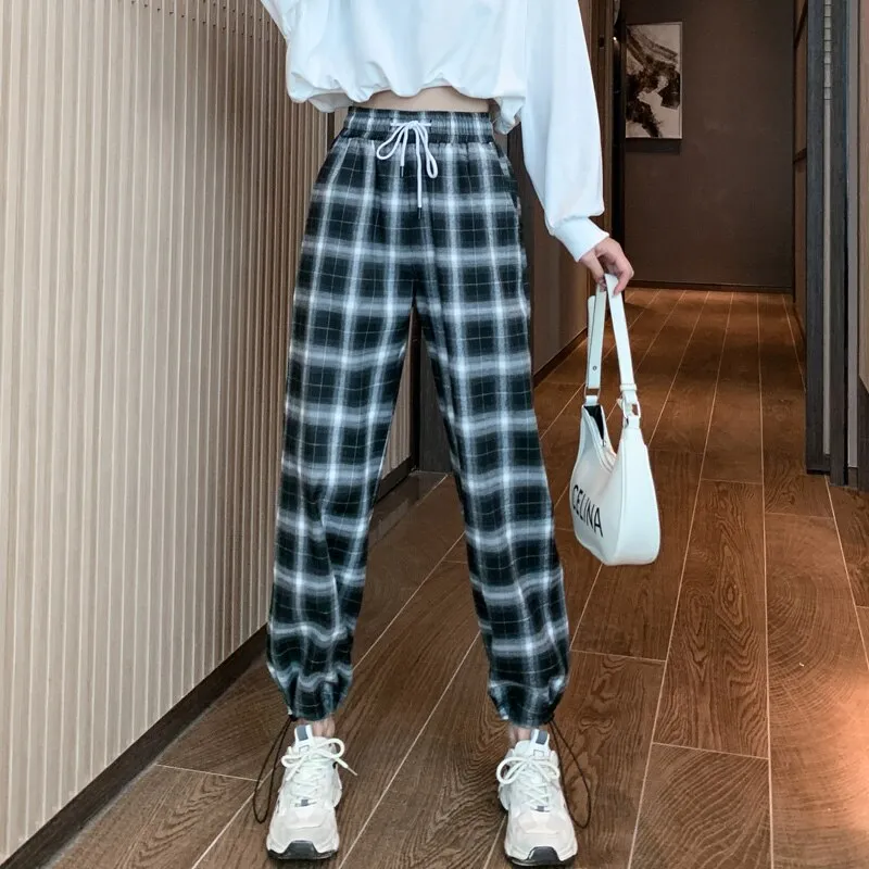 Wjczt Lady Loose High Waist Drawstring Black-And-White Plaid Pants Women'S Autumn Wide Straight Tube Legged Radish Casual Lrousers