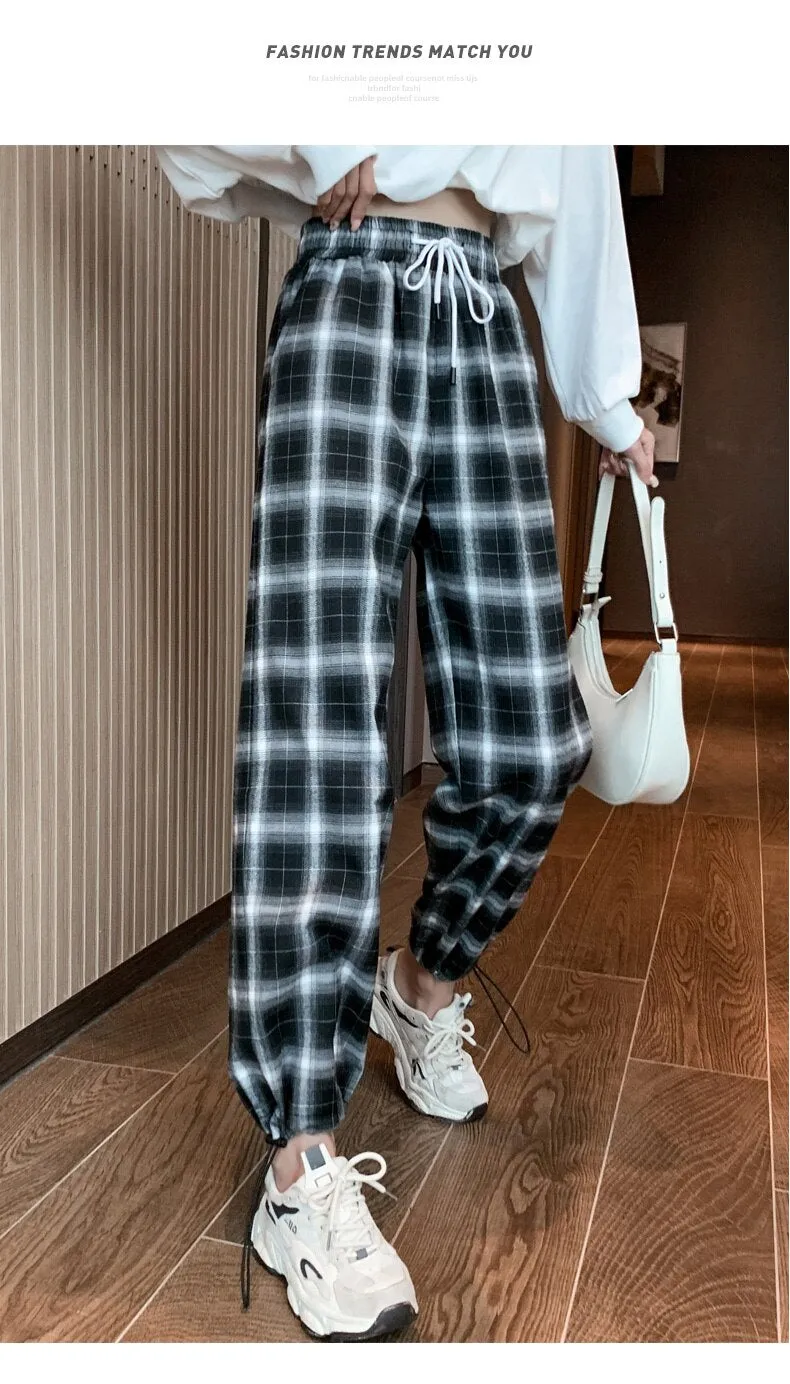 Wjczt Lady Loose High Waist Drawstring Black-And-White Plaid Pants Women'S Autumn Wide Straight Tube Legged Radish Casual Lrousers