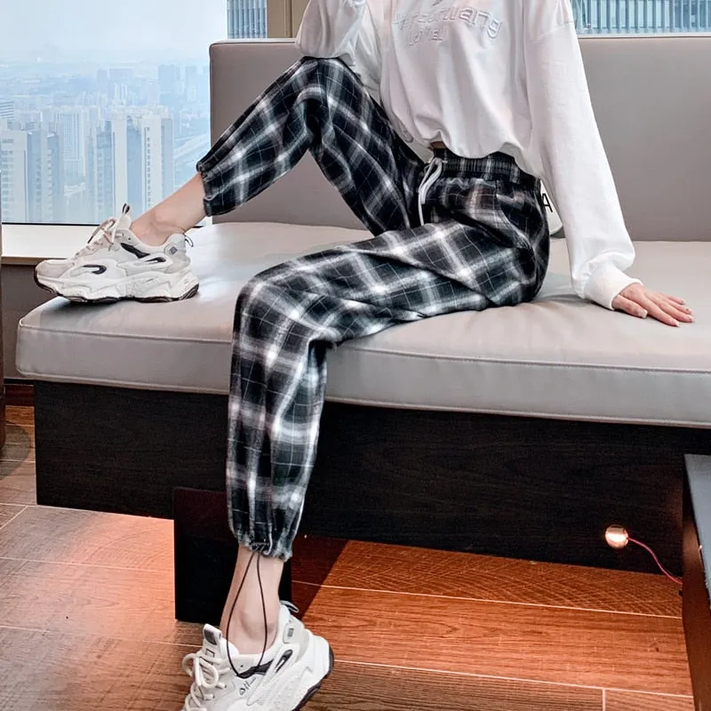 Wjczt Lady Loose High Waist Drawstring Black-And-White Plaid Pants Women'S Autumn Wide Straight Tube Legged Radish Casual Lrousers