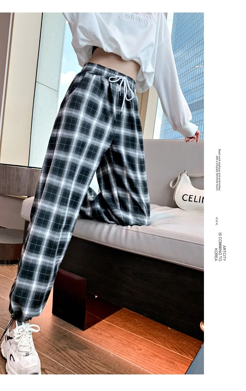 Wjczt Lady Loose High Waist Drawstring Black-And-White Plaid Pants Women'S Autumn Wide Straight Tube Legged Radish Casual Lrousers