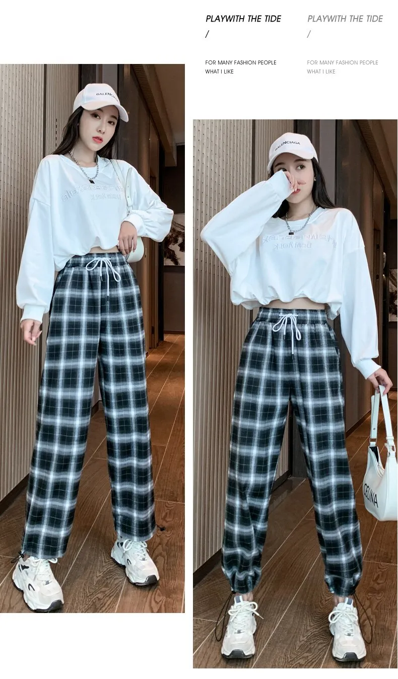 Wjczt Lady Loose High Waist Drawstring Black-And-White Plaid Pants Women'S Autumn Wide Straight Tube Legged Radish Casual Lrousers