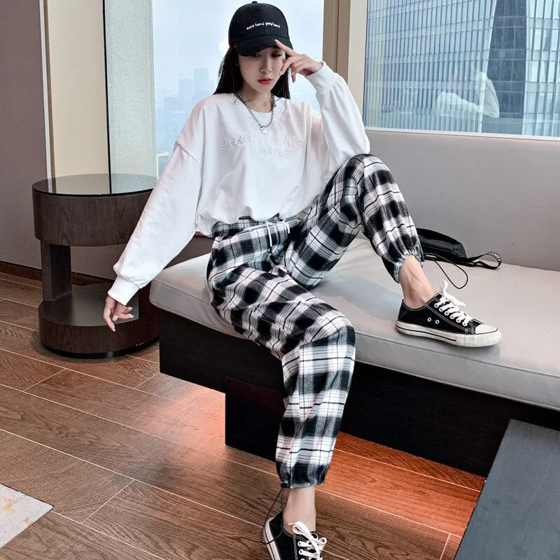 Wjczt Lady Loose High Waist Drawstring Black-And-White Plaid Pants Women'S Autumn Wide Straight Tube Legged Radish Casual Lrousers