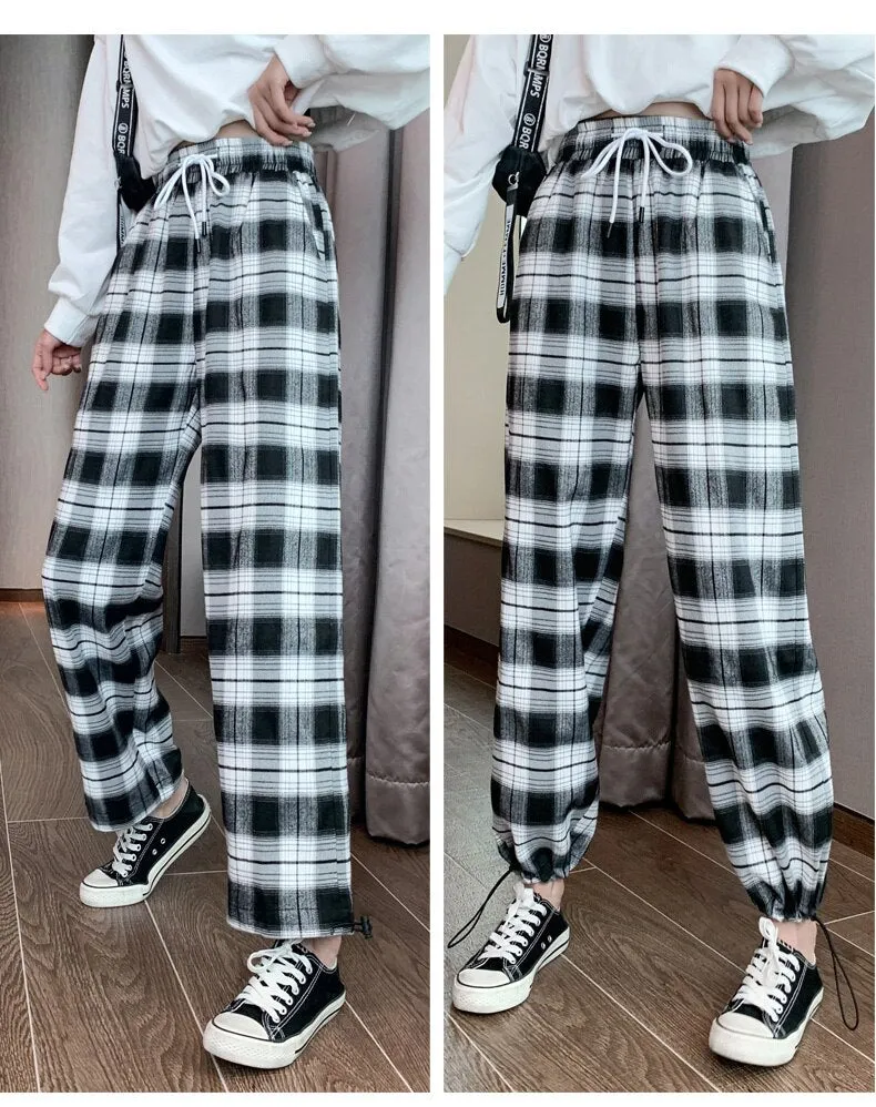 Wjczt Lady Loose High Waist Drawstring Black-And-White Plaid Pants Women'S Autumn Wide Straight Tube Legged Radish Casual Lrousers