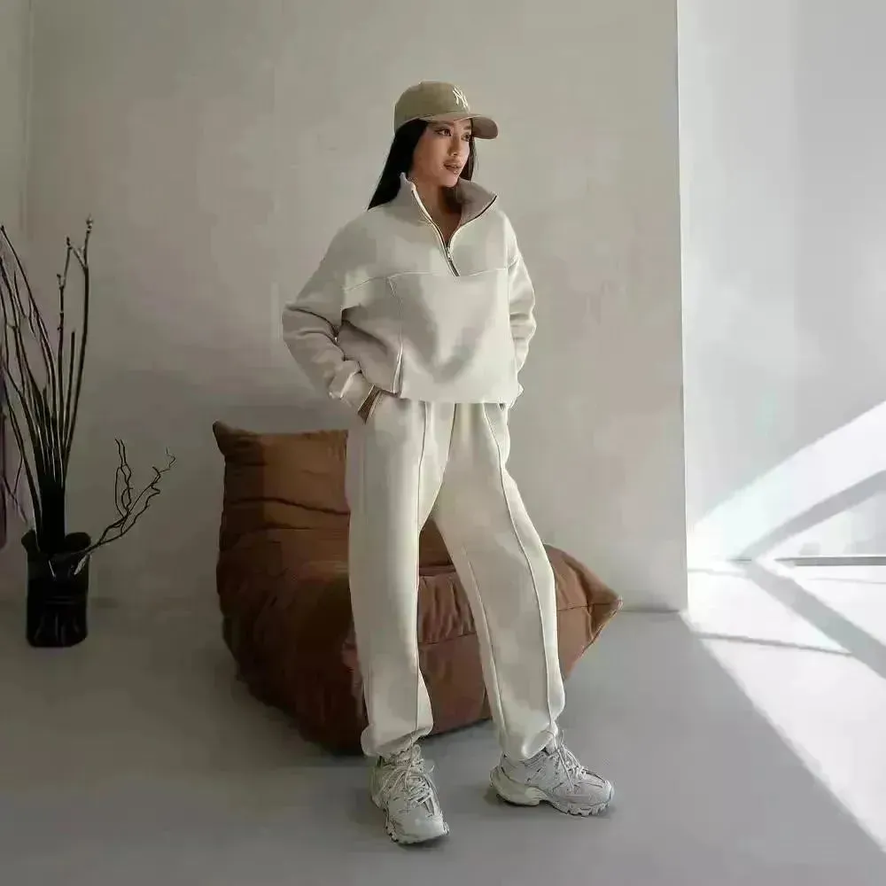 Y2K Winter Jogging Women Two Piece Set Female Zipper Coat Casual Pants Tracksuit Autumn Jacket Fashion Contrast Sport Wear Set